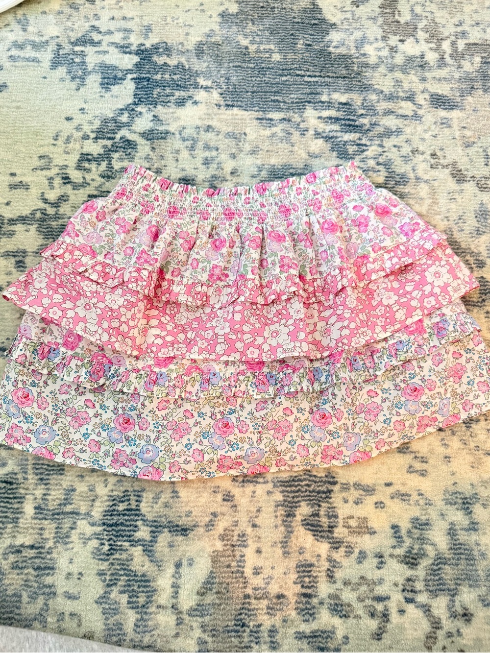LoveShackFancy Pink Multi Floral Ruffle Mini Skirt
